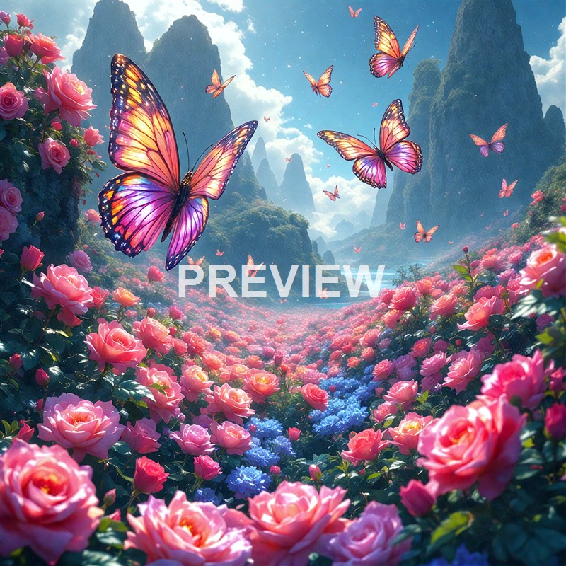 A vibrant, fantastical landscape featuring numerous pink and purple butterflies flying over a lush field of pink roses and blue flowers, with towering green mountains and a bright blue sky with clouds in the background.